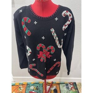 VTG VICTORIA‎ JONES Petites Black Candy Cane Beaded Christmas Sweater PM